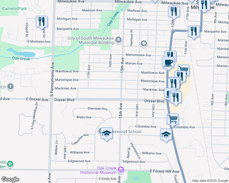 map of restaurants, bars, coffee shops, grocery stores, and more near 1509 Mackinac Avenue in South Milwaukee