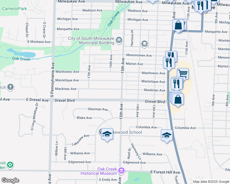 map of restaurants, bars, coffee shops, grocery stores, and more near 1509 Mackinac Avenue in South Milwaukee