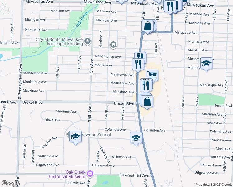 map of restaurants, bars, coffee shops, grocery stores, and more near 1315 Mackinac Avenue in South Milwaukee