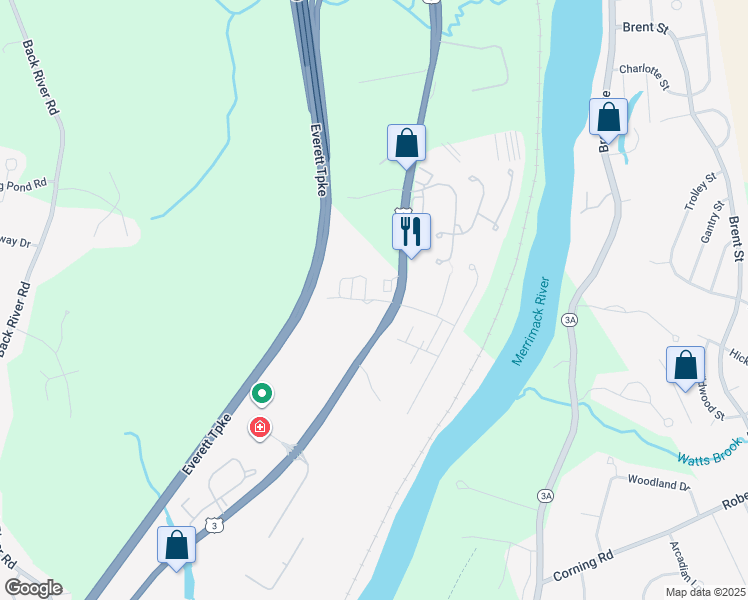 map of restaurants, bars, coffee shops, grocery stores, and more near 52 Maple Ridge Drive in Merrimack