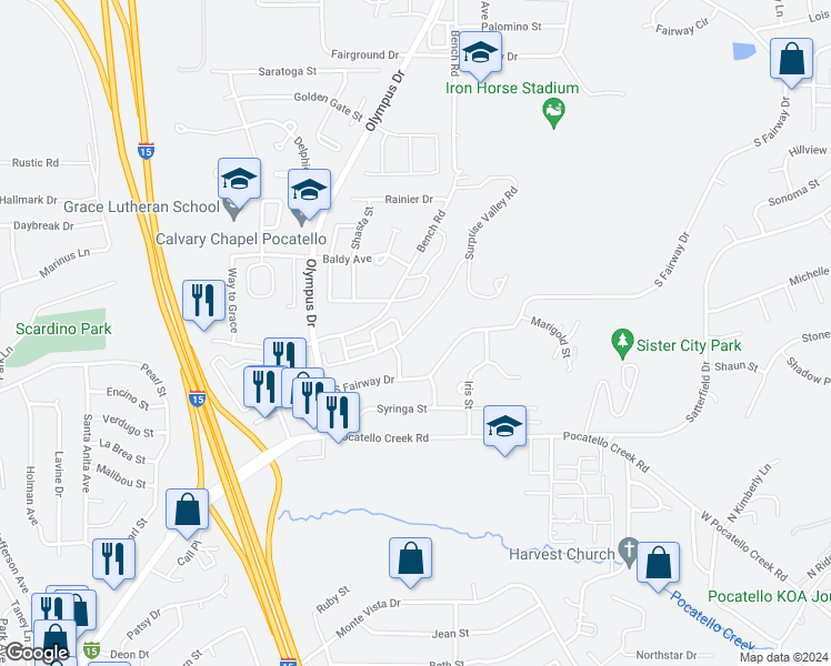 map of restaurants, bars, coffee shops, grocery stores, and more near 1757 South Von Elm Street in Pocatello