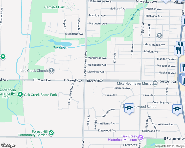 map of restaurants, bars, coffee shops, grocery stores, and more near 1823 Mackinac Avenue in South Milwaukee