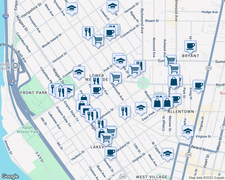 map of restaurants, bars, coffee shops, grocery stores, and more near 301 Jersey Street in Buffalo