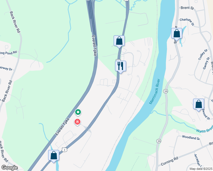 map of restaurants, bars, coffee shops, grocery stores, and more near 1 Maple Ridge Drive in Merrimack