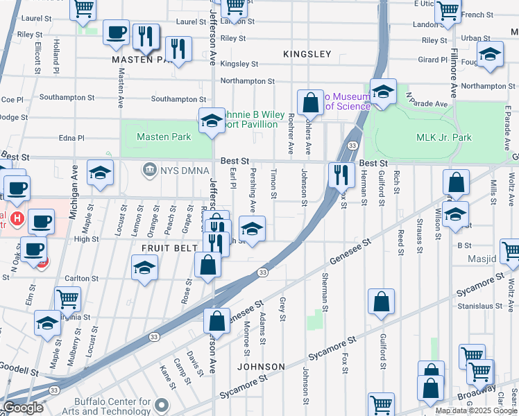 map of restaurants, bars, coffee shops, grocery stores, and more near 48 Timon Street in Buffalo