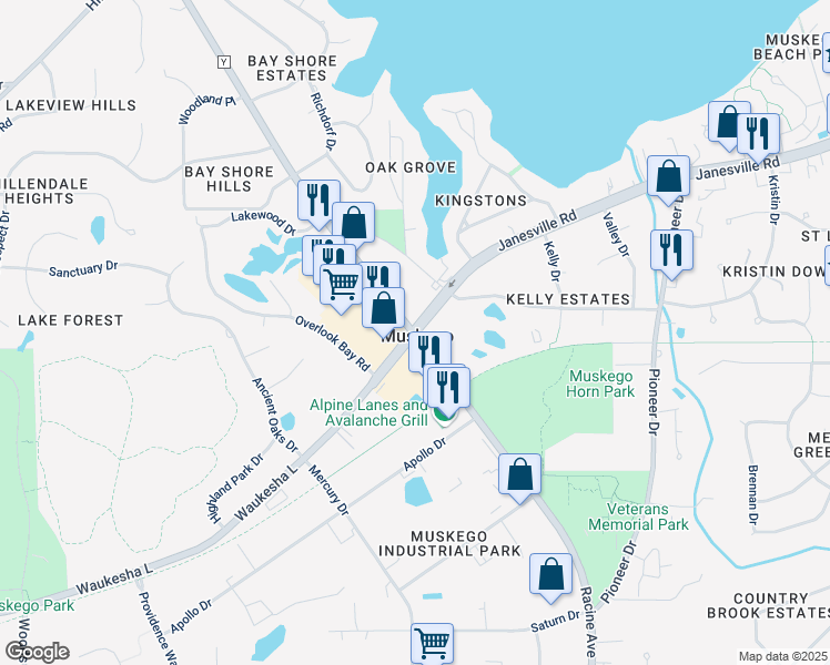map of restaurants, bars, coffee shops, grocery stores, and more near Janesville Rd & Racine Ave in Muskego
