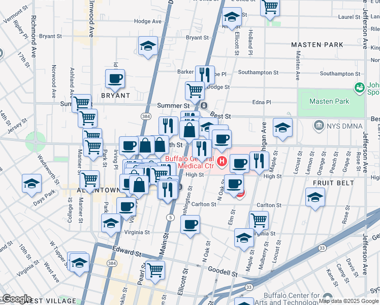 map of restaurants, bars, coffee shops, grocery stores, and more near 1021 Main Street in Buffalo