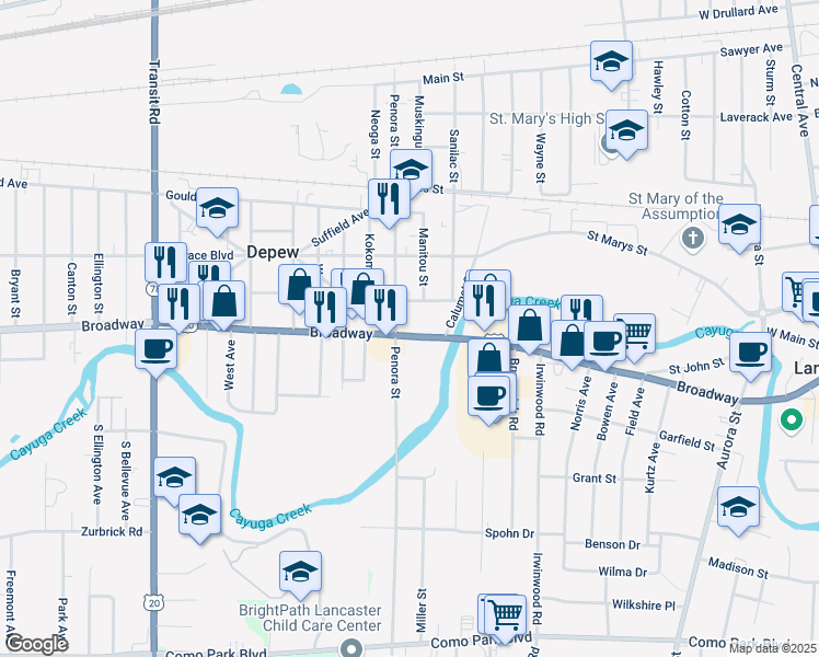 map of restaurants, bars, coffee shops, grocery stores, and more near 5080 U.S. 20 in Depew
