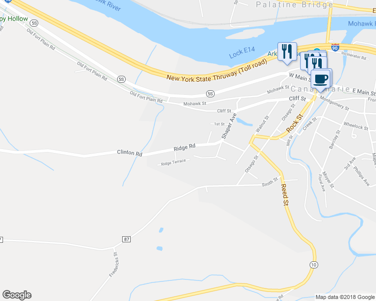 map of restaurants, bars, coffee shops, grocery stores, and more near 19 Ridge Road in Canajoharie
