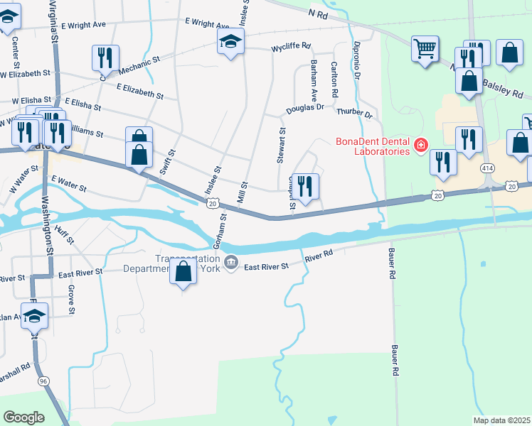 map of restaurants, bars, coffee shops, grocery stores, and more near 343 U.S. 20 in Waterloo