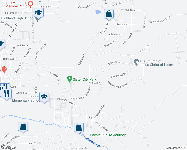 map of restaurants, bars, coffee shops, grocery stores, and more near 2500 Marilyn Street in Pocatello
