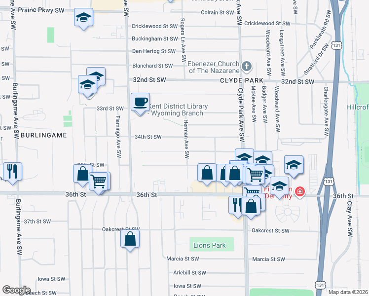 map of restaurants, bars, coffee shops, grocery stores, and more near 1014 Bryant Street Southwest in Wyoming