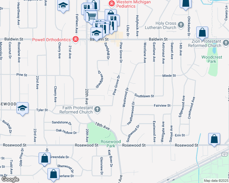 map of restaurants, bars, coffee shops, grocery stores, and more near 1420 Elizabeth Lane East in Jenison