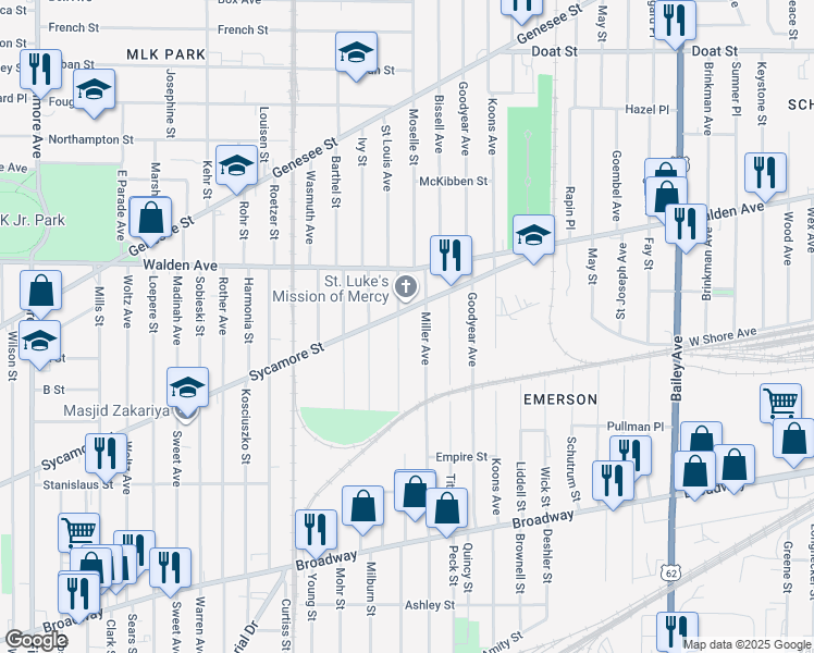 map of restaurants, bars, coffee shops, grocery stores, and more near 78 Oberlin Avenue in Buffalo