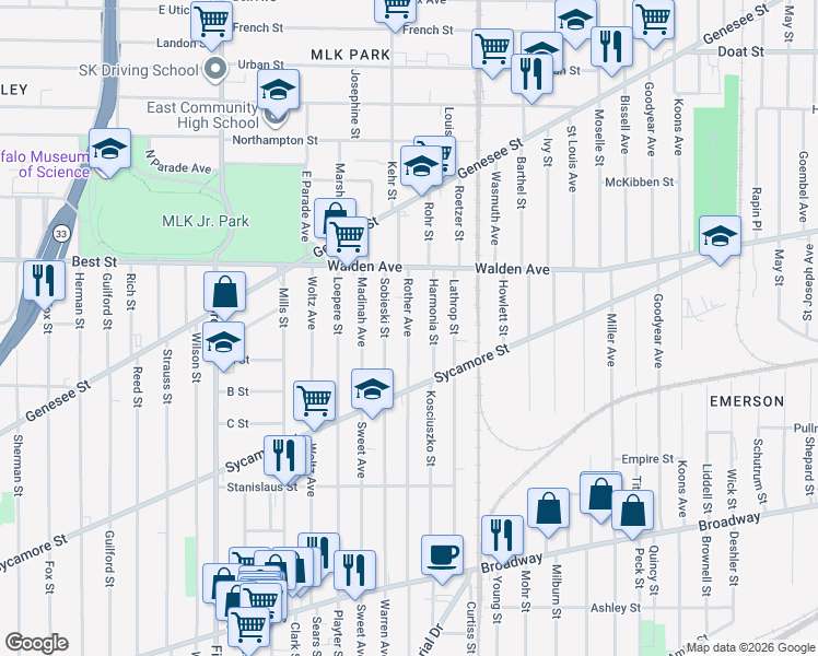 map of restaurants, bars, coffee shops, grocery stores, and more near 40 Harmonia Street in Buffalo