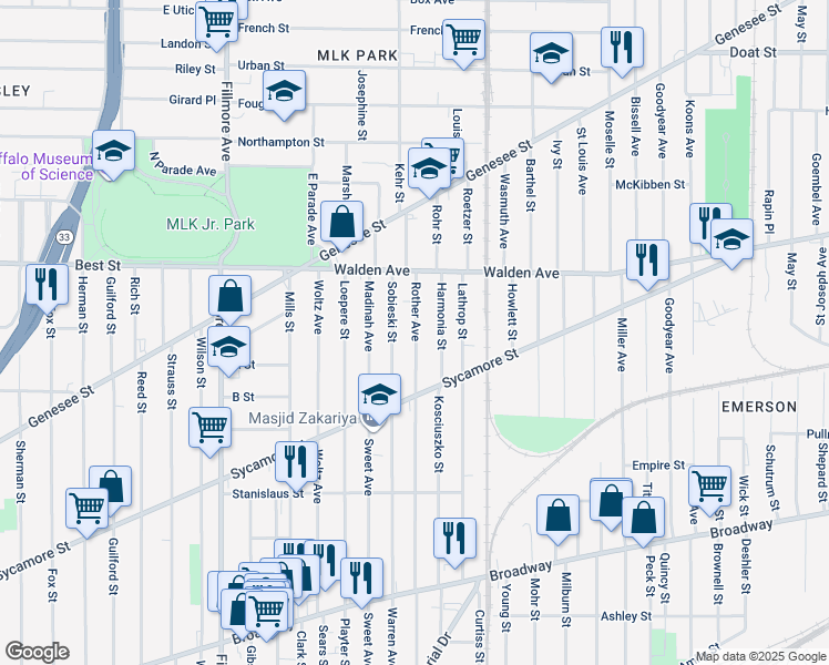 map of restaurants, bars, coffee shops, grocery stores, and more near 257 Sobieski Street in Buffalo