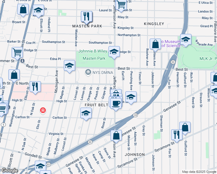 map of restaurants, bars, coffee shops, grocery stores, and more near 211 Grape Street in Buffalo
