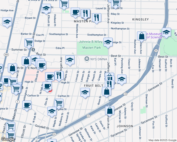 map of restaurants, bars, coffee shops, grocery stores, and more near 250 Orange Street in Buffalo