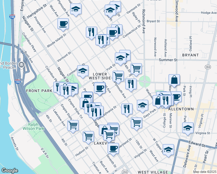 map of restaurants, bars, coffee shops, grocery stores, and more near 291 Jersey Street in Buffalo