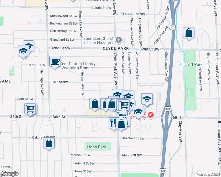 map of restaurants, bars, coffee shops, grocery stores, and more near 810 Bryant Street Southwest in Wyoming