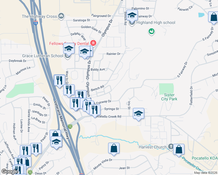 map of restaurants, bars, coffee shops, grocery stores, and more near 1724 South Von Elm Street in Pocatello