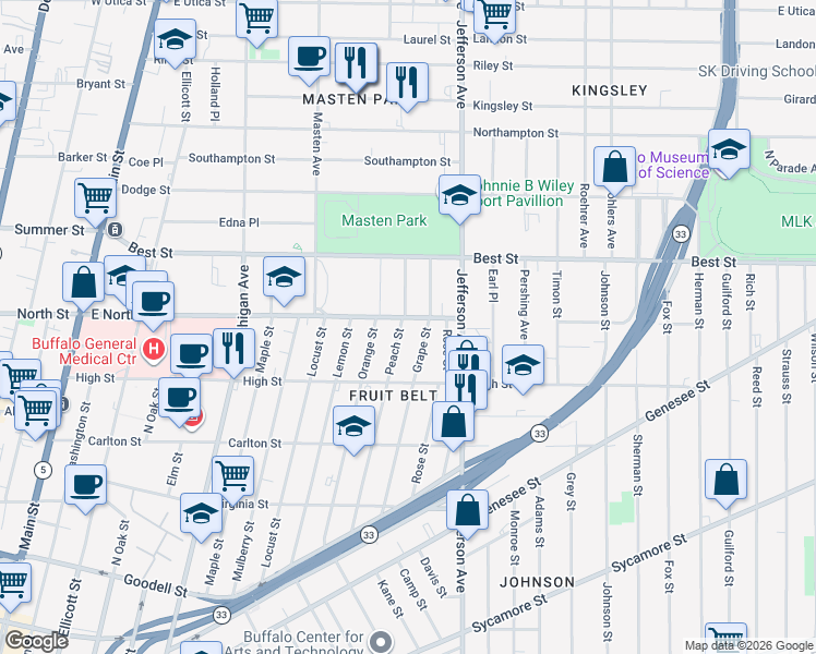 map of restaurants, bars, coffee shops, grocery stores, and more near 236 Peach Street in Buffalo