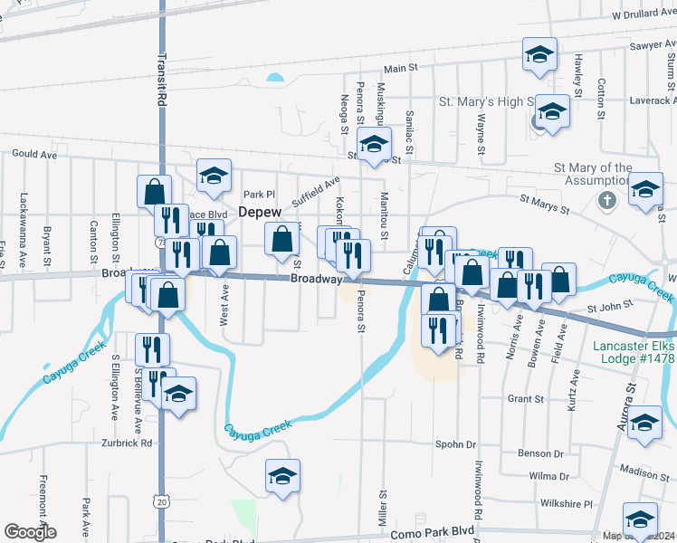 map of restaurants, bars, coffee shops, grocery stores, and more near 5026 Broadway in Depew
