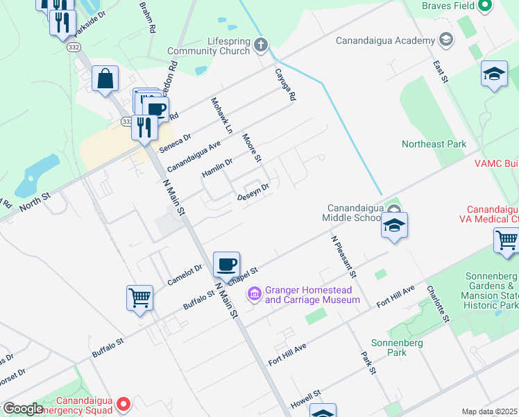 map of restaurants, bars, coffee shops, grocery stores, and more near 417R North Main Street in Canandaigua