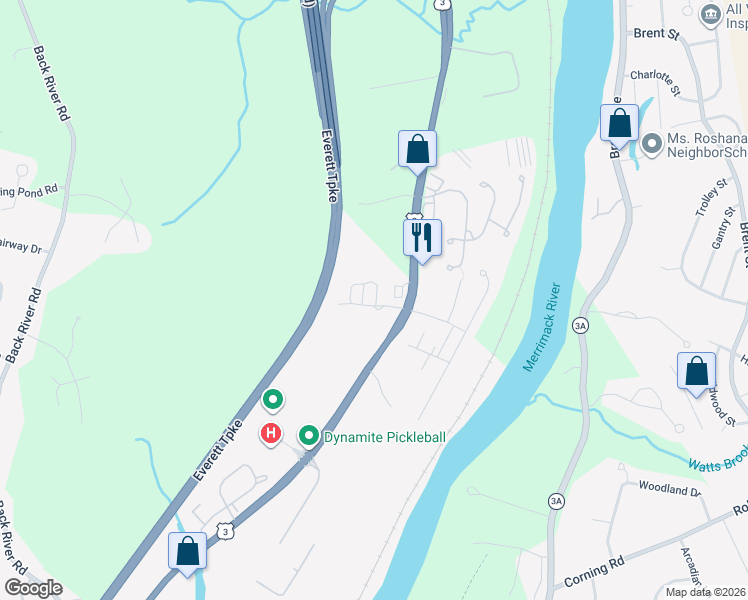 map of restaurants, bars, coffee shops, grocery stores, and more near 1 Maple Ridge Drive in Merrimack