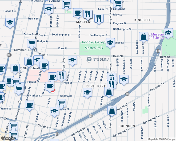 map of restaurants, bars, coffee shops, grocery stores, and more near 250 Orange Street in Buffalo