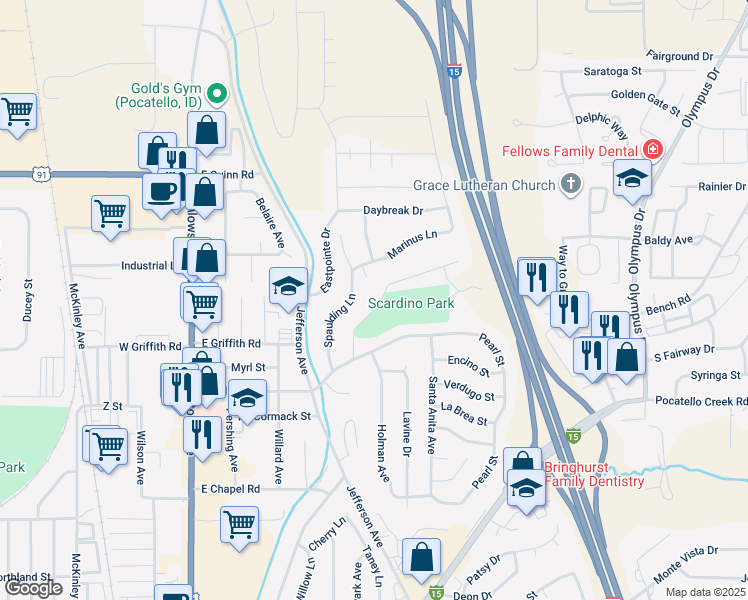 map of restaurants, bars, coffee shops, grocery stores, and more near 724 Park Lane in Pocatello