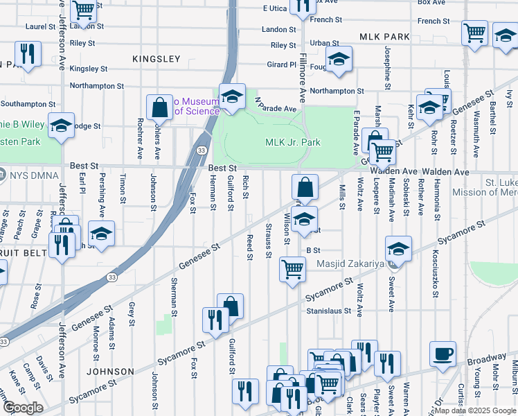 map of restaurants, bars, coffee shops, grocery stores, and more near 974 Genesee Street in Buffalo