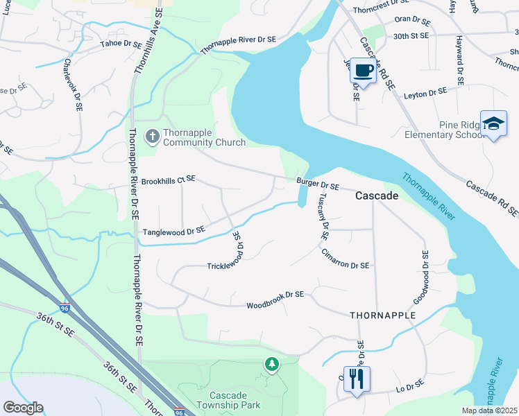 map of restaurants, bars, coffee shops, grocery stores, and more near 6710 Tanglewood Drive Southeast in Grand Rapids