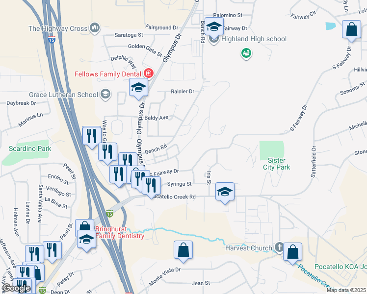 map of restaurants, bars, coffee shops, grocery stores, and more near 1757 South Von Elm Street in Pocatello