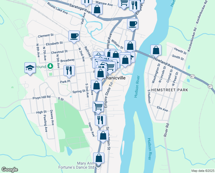 map of restaurants, bars, coffee shops, grocery stores, and more near 48 South Main Street in Mechanicville
