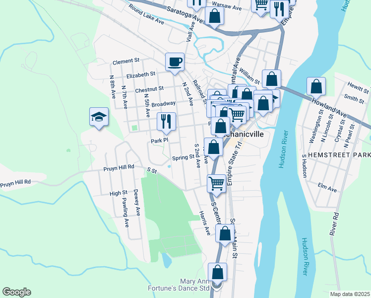 map of restaurants, bars, coffee shops, grocery stores, and more near 148 South 3rd Avenue in Mechanicville