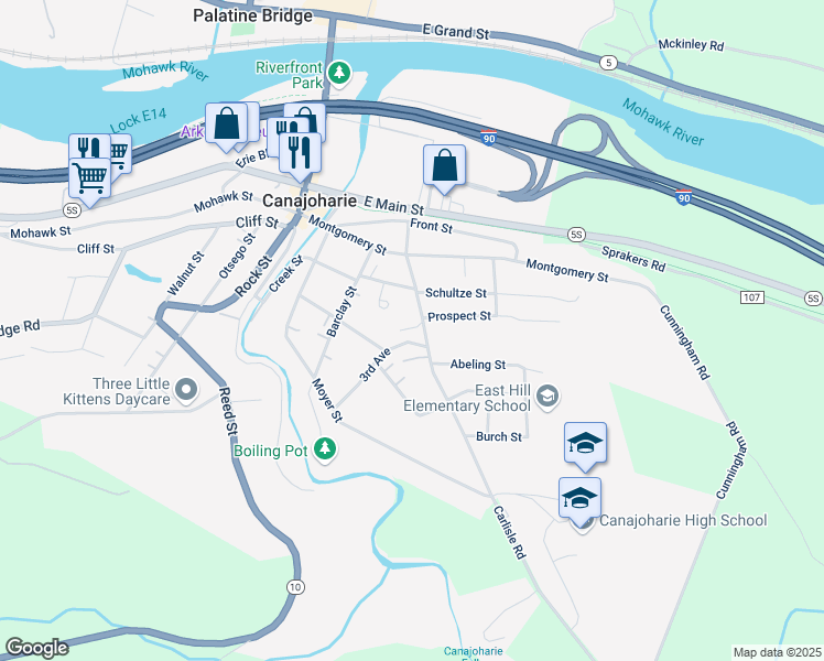 map of restaurants, bars, coffee shops, grocery stores, and more near 60 3rd Avenue in Canajoharie