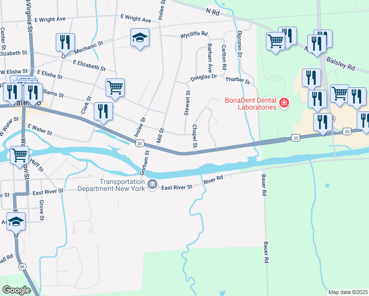 map of restaurants, bars, coffee shops, grocery stores, and more near 343 U.S. 20 in Waterloo