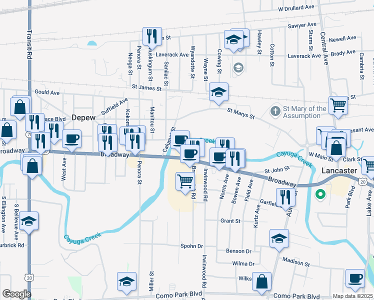 map of restaurants, bars, coffee shops, grocery stores, and more near 5175 Broadway in Depew