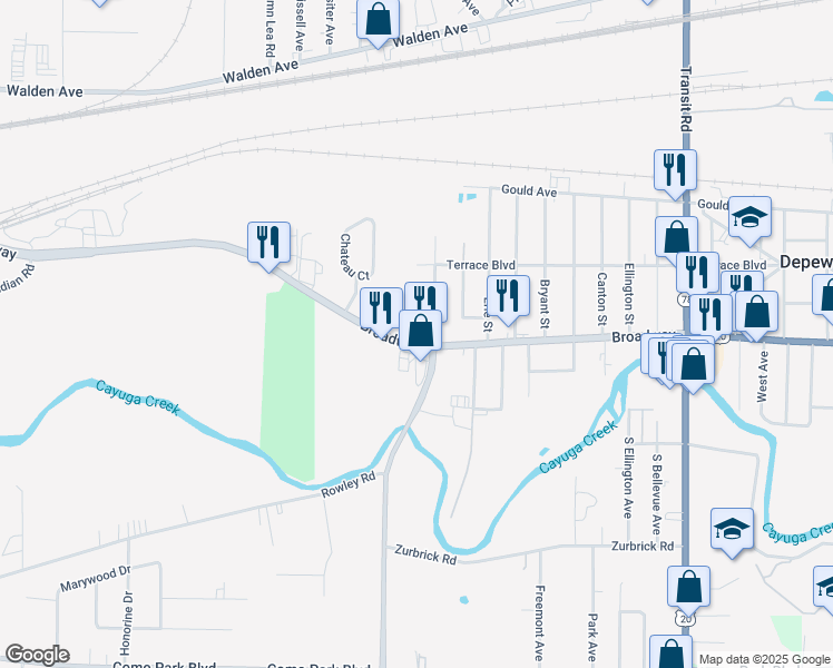 map of restaurants, bars, coffee shops, grocery stores, and more near in Depew