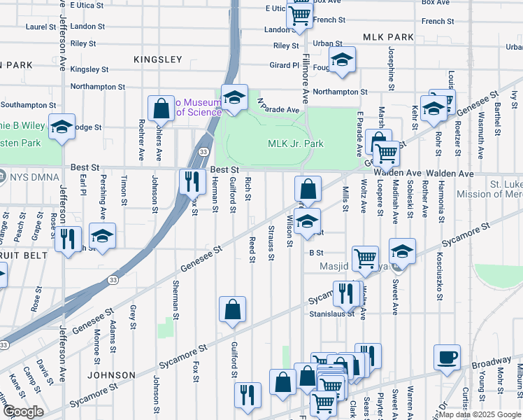 map of restaurants, bars, coffee shops, grocery stores, and more near 974 Genesee Street in Buffalo