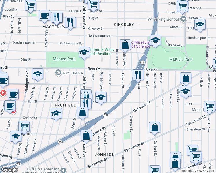 map of restaurants, bars, coffee shops, grocery stores, and more near 48 Timon Street in Buffalo