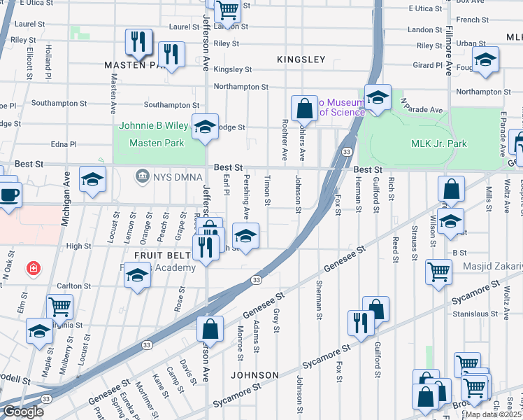 map of restaurants, bars, coffee shops, grocery stores, and more near 48 Timon Street in Buffalo