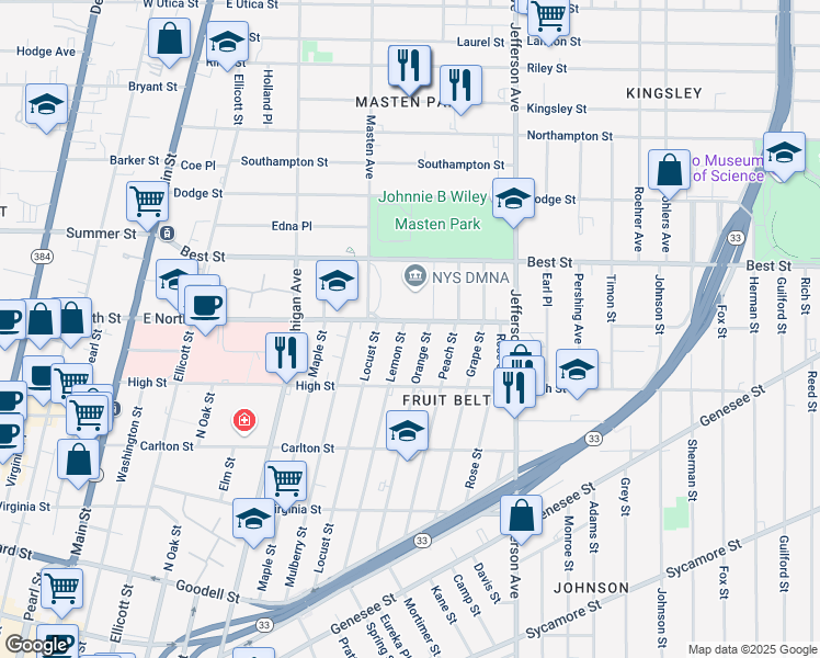map of restaurants, bars, coffee shops, grocery stores, and more near 250 Orange Street in Buffalo