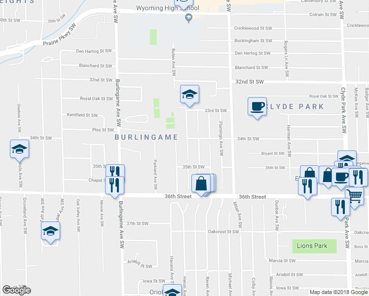 map of restaurants, bars, coffee shops, grocery stores, and more near 3428 Robin Avenue Southwest in Wyoming
