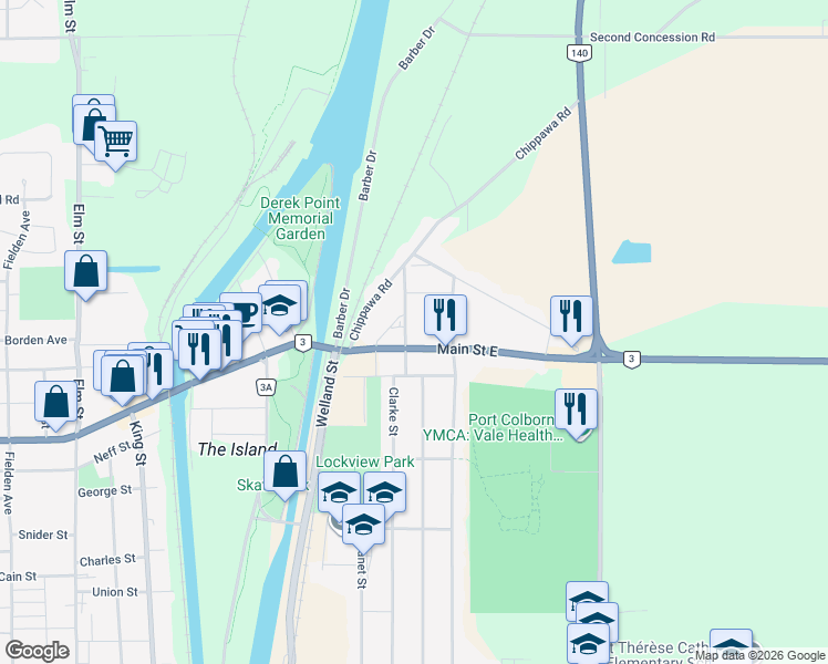 map of restaurants, bars, coffee shops, grocery stores, and more near 72 Main Street East in Port Colborne