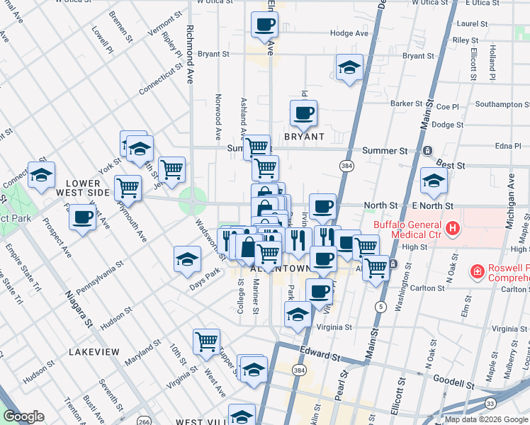map of restaurants, bars, coffee shops, grocery stores, and more near 168 Elmwood Avenue in Buffalo