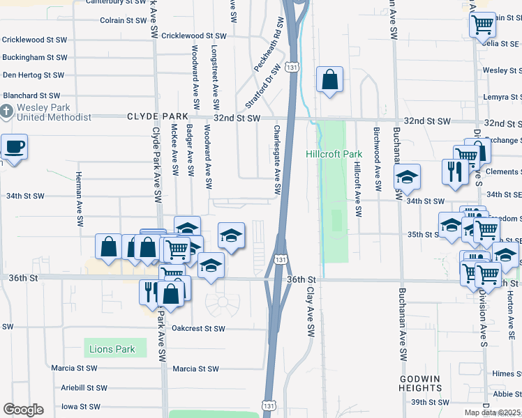 map of restaurants, bars, coffee shops, grocery stores, and more near 550 34th Street Southwest in Wyoming