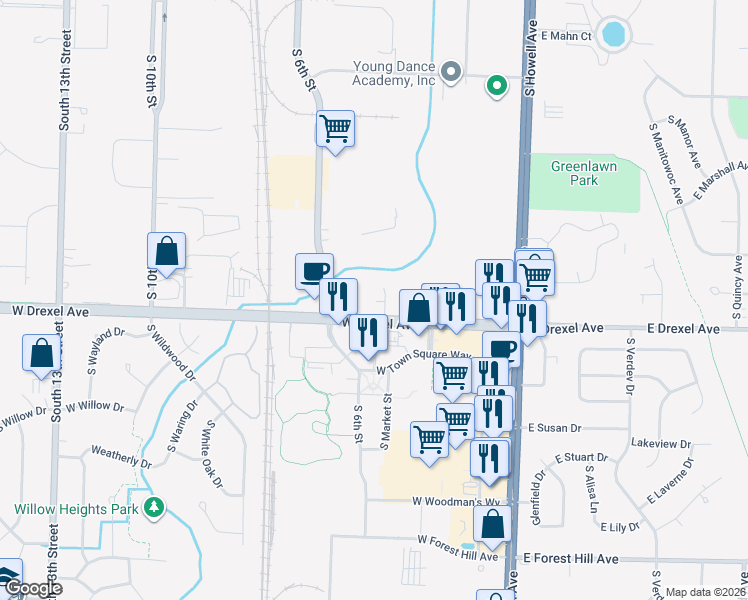 map of restaurants, bars, coffee shops, grocery stores, and more near 400a West Drexel Avenue in Oak Creek