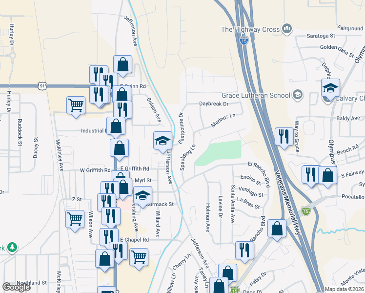 map of restaurants, bars, coffee shops, grocery stores, and more near 1441 Spaulding Lane in Pocatello